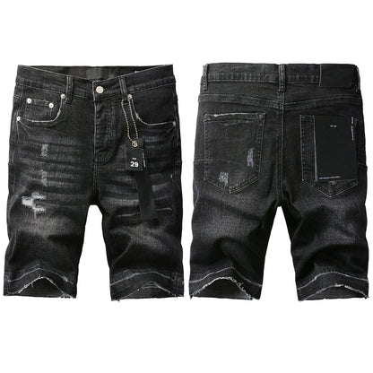 Men Streetwear Denim Shorts Black Wash with Distressed Rips and Raw Hem 5083