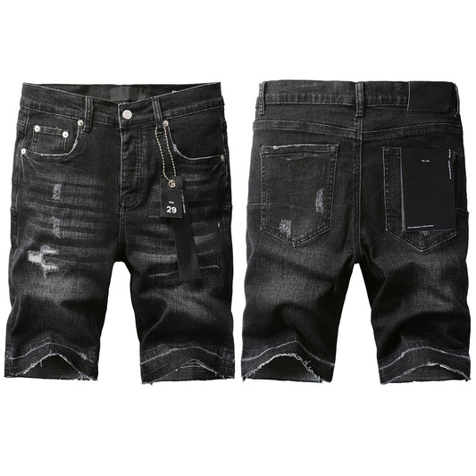 Men Streetwear Denim Shorts Black Wash with Distressed Rips and Raw Hem 5083
