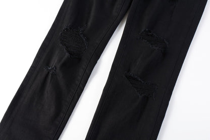 Men Streetwear Skinny Jeans Black Wash with Distressed Rip Details 9022