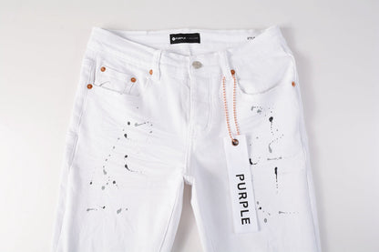 Men Streetwear Skinny Jeans White Wash with Black Paint Splatter and Distressed Rip 9021