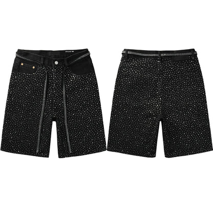 Men Streetwear Black Denim Shorts with Allover Rhinestone Studs and Zipper Details 5095