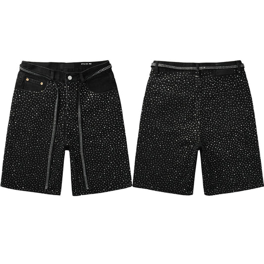 Men Streetwear Black Denim Shorts with Allover Rhinestone Studs and Zipper Details 5095