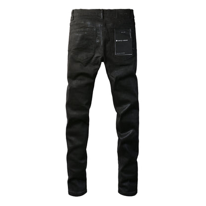 Men Streetwear Skinny Jeans Black Wash with Subtle Sheen and Tag Accent 9082