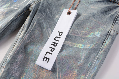 Men Streetwear Skinny Jeans Light Blue Wash with Holographic Iridescent Finish 9005
