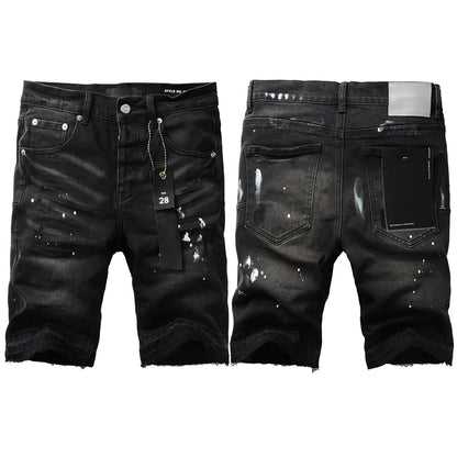 Men Streetwear Denim Shorts Black Wash with White Paint Splashes and Raw Hem 5002