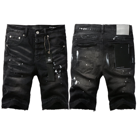 Men Streetwear Denim Shorts Black Wash with White Paint Splashes and Raw Hem 5002