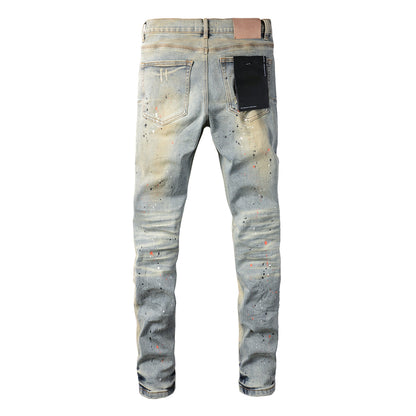 Men Streetwear Skinny Jeans Light Gray Wash with Multi-Color Paint Splatter and Distressed Patches 9071