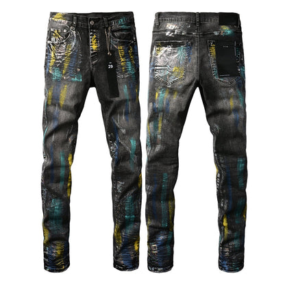 Men Streetwear Skinny Jeans Black Wash with Colorful Graffiti Paint Splash 9078