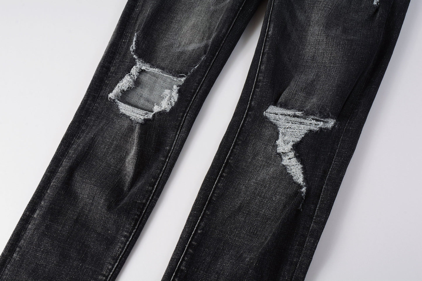 Men Streetwear Skinny Jeans Dark Gray Wash with Heavy Distressed Ripped Details 9079