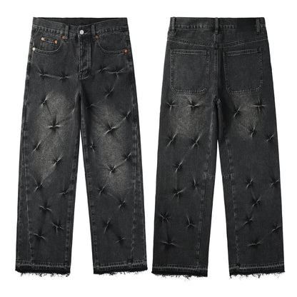 Men Streetwear Wide-Leg Jeans Black Gray Wash with 3D Pinched Pleats