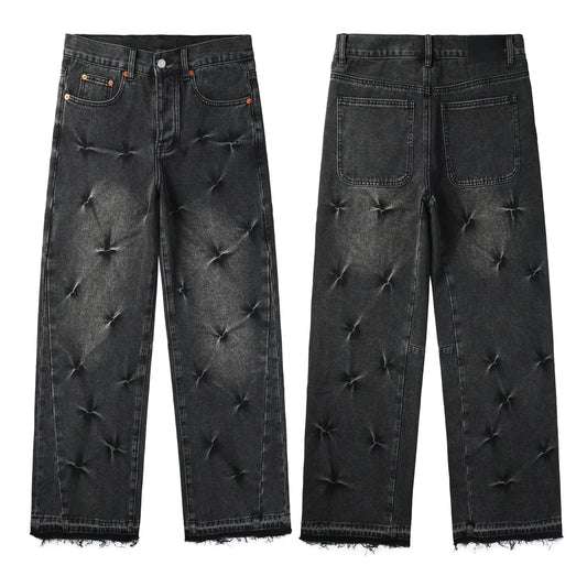 Men Streetwear Wide-Leg Jeans Black Gray Wash with 3D Pinched Pleats