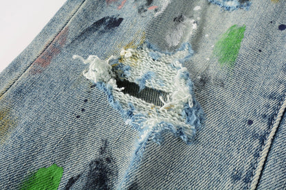 Men Streetwear Skinny Jeans Light Blue Wash with Multi-Color Paint Splatter and Distressed Rips 9072