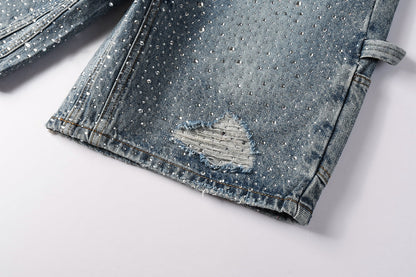 Men Streetwear Cargo Denim Shorts Light Blue Wash with Rhinestone Embellishment and Distressed Details 5097