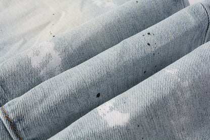 Men Streetwear Skinny Jeans Light Blue Wash with White Paint Splatter and Subtle Distress 9006