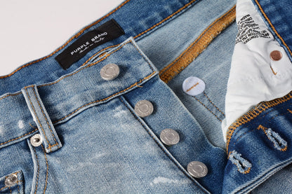 Men Streetwear Light Blue Denim Shorts with Vintage Wash and Raw Hem Finish 5091