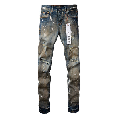 Men Streetwear Skinny Jeans Light Blue Wash with Distressed Rips and White Paint Splatter 9012