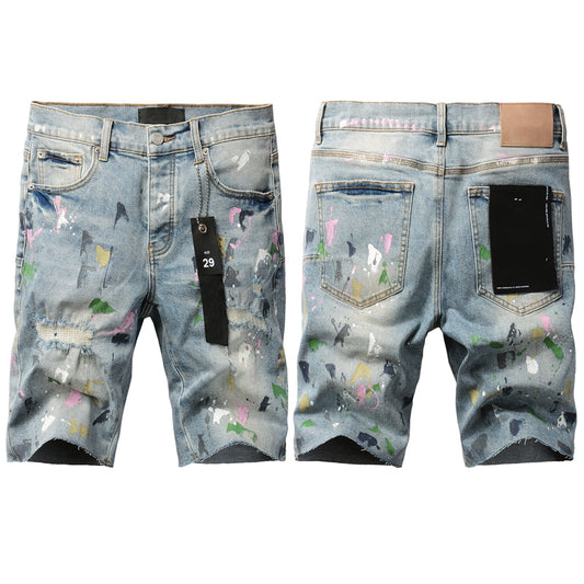 Men Streetwear Denim Shorts Light Blue Wash with Colorful Paint Splashes and Distressed Raw Hem 5066