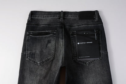 Men Streetwear Skinny Jeans Dark Gray Wash with Heavy Distressed Ripped Details 9079