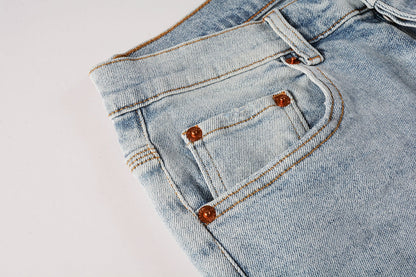 Men Streetwear Skinny Jeans Light Blue Wash with Knee Ripped Details and Black Lining 9010