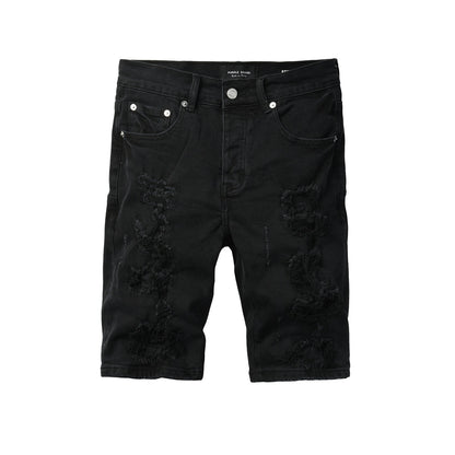 Men Streetwear Black Denim Shorts with Distressed Ripped Details and Raw Hem 5108