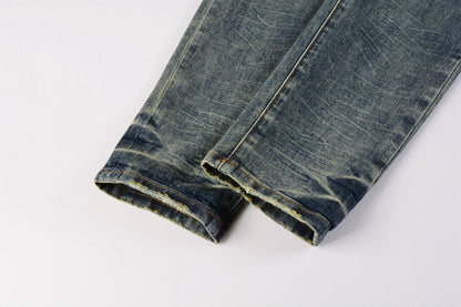 Men Streetwear Skinny Jeans Light Blue Wash with Faded Gradient Distress 9042