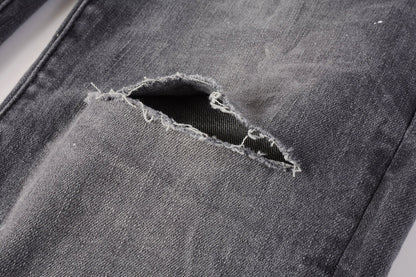 Men Streetwear Skinny Jeans Dark Gray Wash with Knee Rips and White Paint Splatter 9039