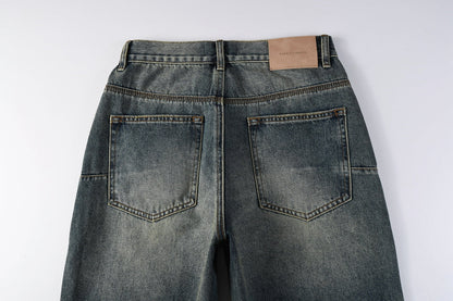 Men Vintage Streetwear Straight Jeans Blue Washed with Whisker Fade and Contrast Panels PU9120