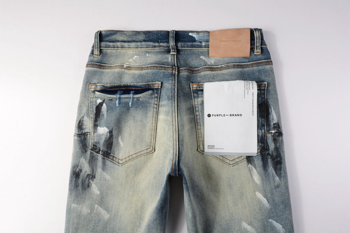 Men Classic Streetwear Jeans DistressedBlue Paint Slash Skinny 9037