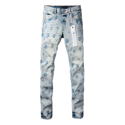 Men Streetwear Skinny Jeans Light Blue Wash with White Paint Brush Strokes 9063