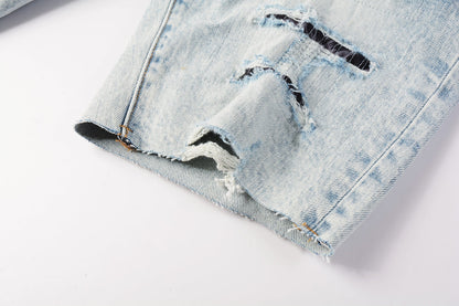 Men Streetwear Denim Shorts Light Blue Wash with Leopard Print Patched Rips 5087