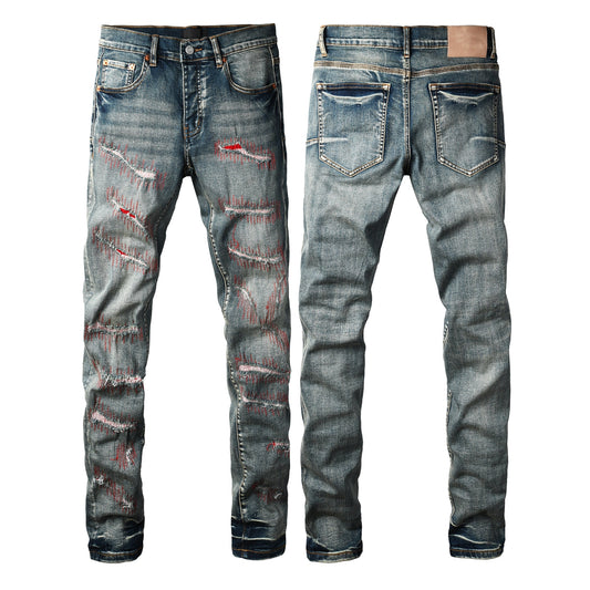 Men Streetwear Skinny Jeans Light Blue Wash with Red - Patched Distressed Details 9114
