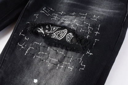 Men Streetwear Jeans Distressed Black Paint Splash Patch Ripped skinny 9099