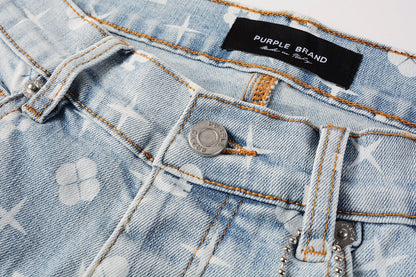 Men Streetwear Skinny Jeans Light Blue Wash with All - Over Pattern Print 9089