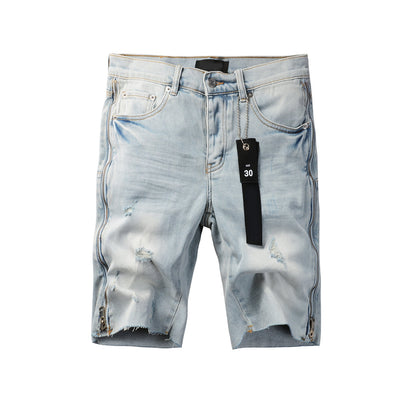 Men Streetwear Denim Shorts Light Blue Wash with Side Zipper and Distressed Raw Hem 5086
