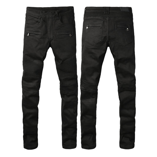 Men Streetwear Biker Skinny Jeans Black with Knee Pleats and Zipper Pockets 0964