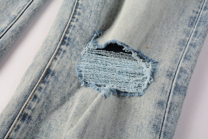 Men Streetwear Jeans Distressed Light Blue Abstract Ripped skinny 9093