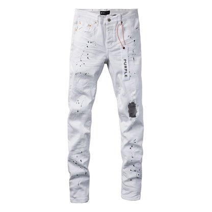 Men Streetwear Skinny Jeans White Wash with Black Paint Splatter and Distressed Rip 9021