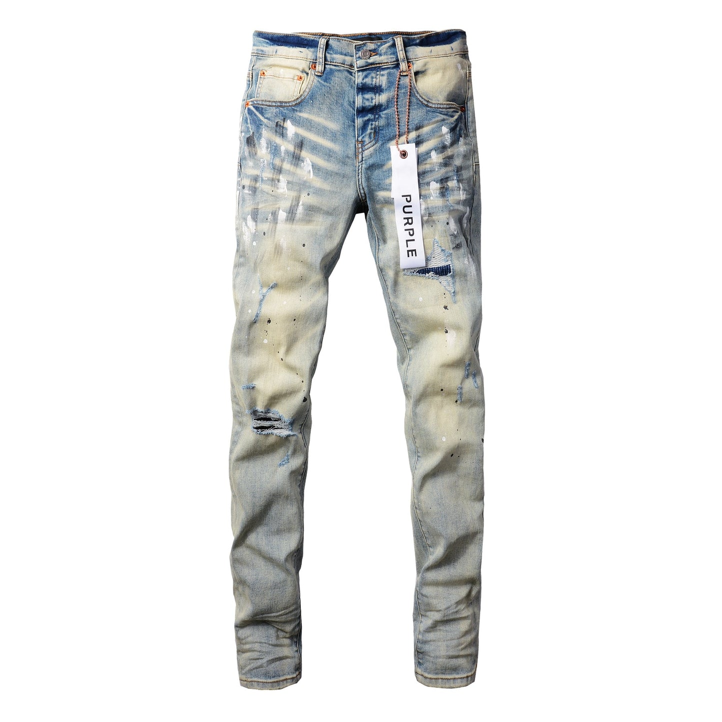 Men Streetwear Skinny Jeans Light Blue Wash with White Paint Splatter and Distressed Rips 9007