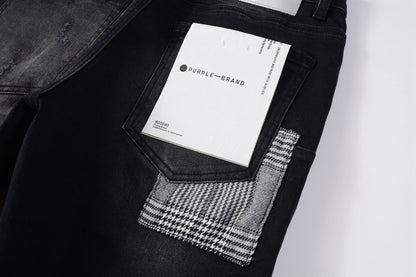 Men Streetwear Skinny Jeans Black Wash with Distressed Rips, Checkered Patches and White Paint Splatter 9001