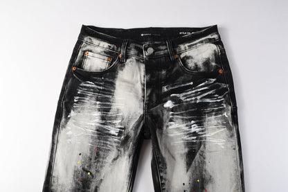 Men Streetwear Skinny Jeans Black and White Graffiti Wash with Multi Color Paint Splash 9111