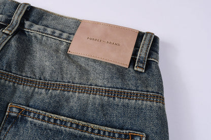Men Vintage Streetwear Straight Jeans Blue Washed with Whisker Fade and Contrast Panels PU9120