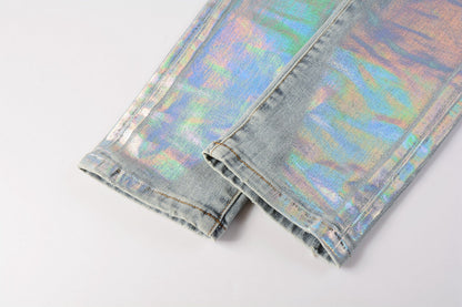 Men Streetwear Skinny Jeans Light Blue Wash with Holographic Iridescent Finish 9005
