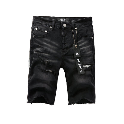 Men Streetwear Denim Shorts Black Wash with Distressed Rips and Plaid Patches 5001