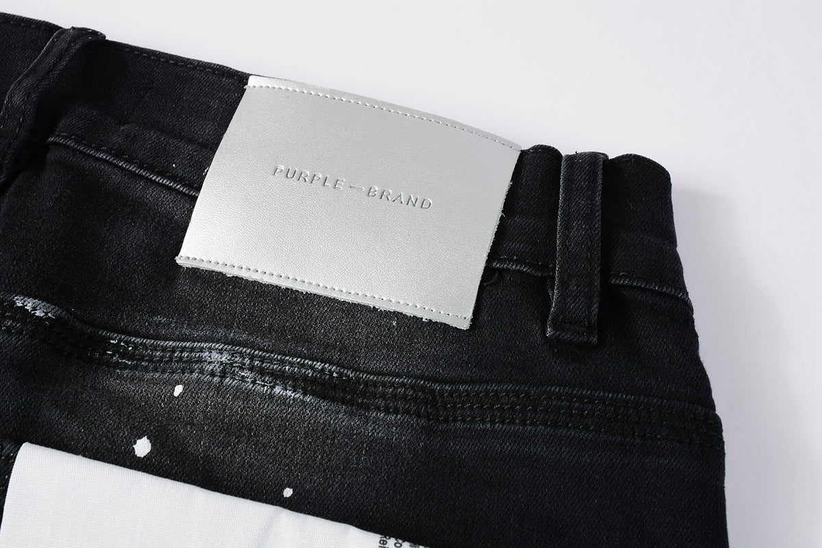 Men Streetwear Skinny Jeans Black Fade Wash with White Paint Splatter and Distressed Rips 9002