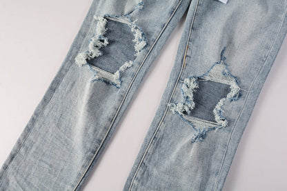 Men Streetwear Skinny Jeans Light Blue Wash with Knee Ripped Details and Black Lining 9010