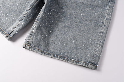 Men Streetwear Straight Denim Shorts Grey Wash with Rhinestone Speckles and Seam Accents 5096