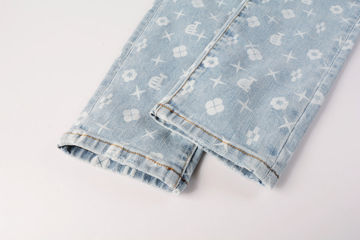Men Streetwear Skinny Jeans Light Blue Wash with All - Over Pattern Print 9089