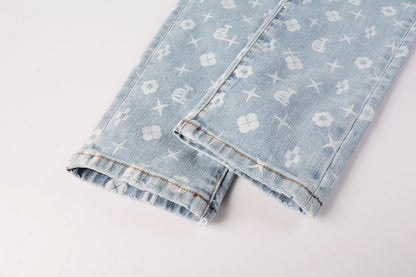 Men Streetwear Skinny Jeans Light Blue Wash with All - Over Pattern Print 9089