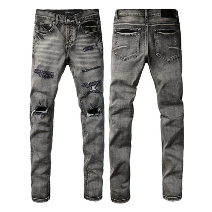 Men Classic Streetwear Jeans Distressed Black Grey Ripped skinny 9068