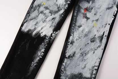Men Streetwear Skinny Jeans Black and White Graffiti Wash with Multi - Color Paint Accents 9020